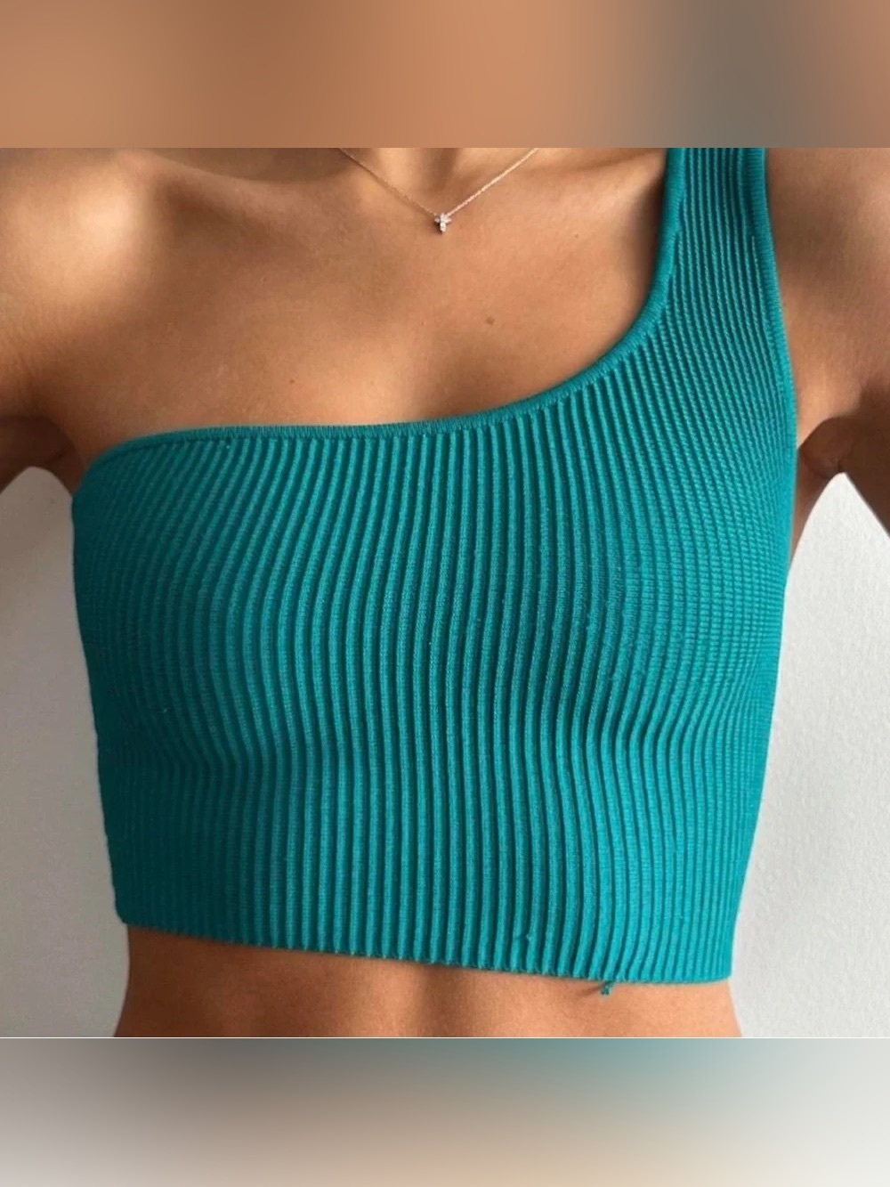 Babaton Teal One-Shoulder Ribbed Crop Top Size Medium